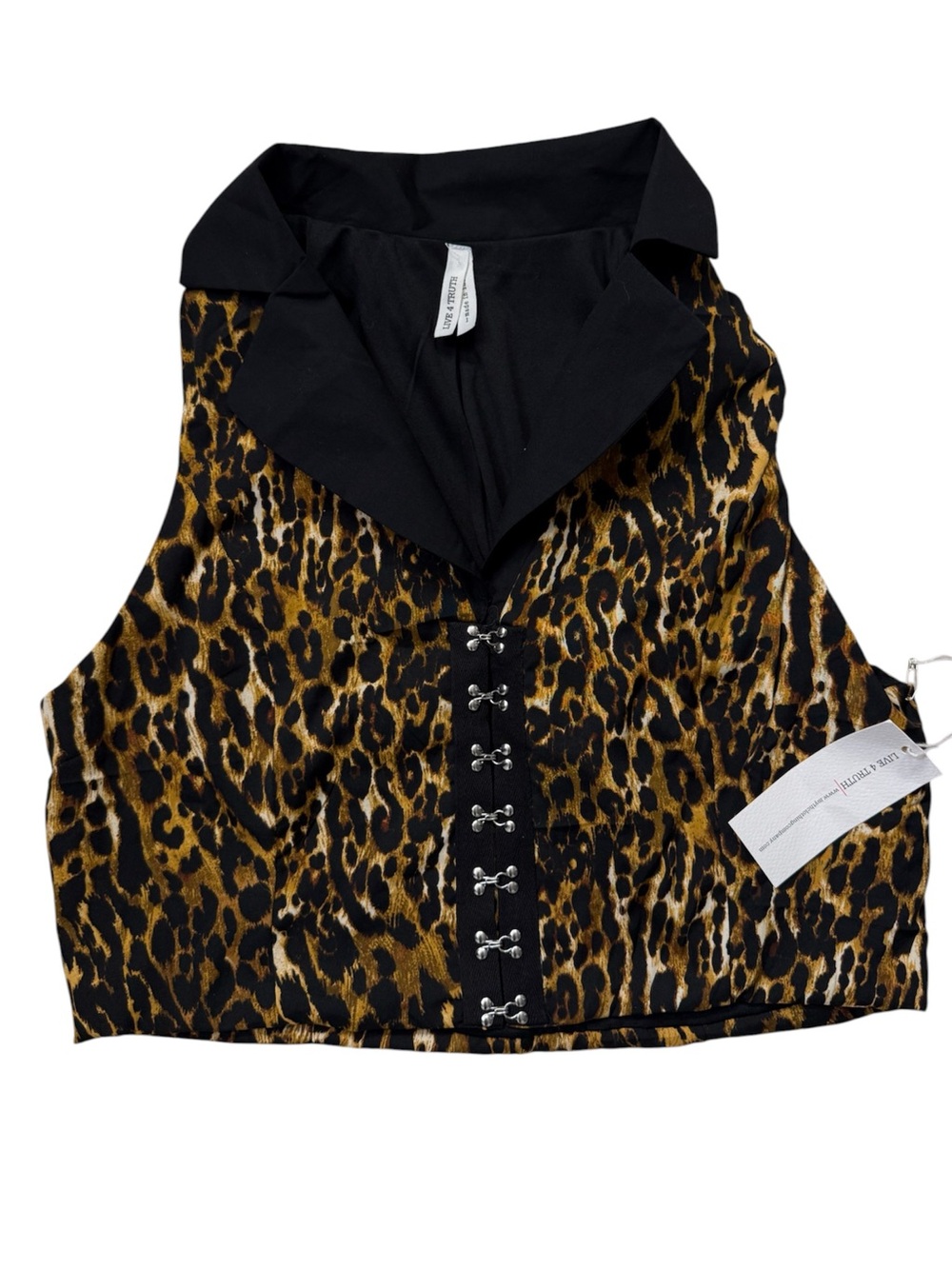 NWT! cropped collared leopard print corset vest Hook and Eye Blazer Top L